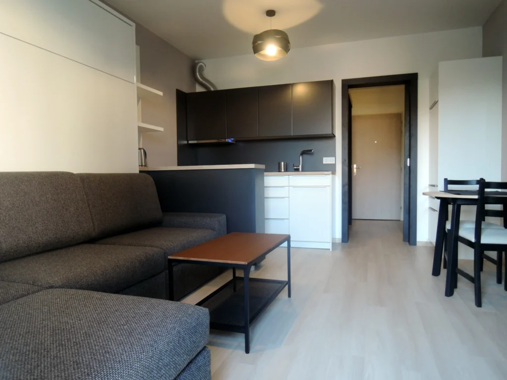 Moderna obyvacia izba s kuchynskym kutom a minimalistickym nabytkom